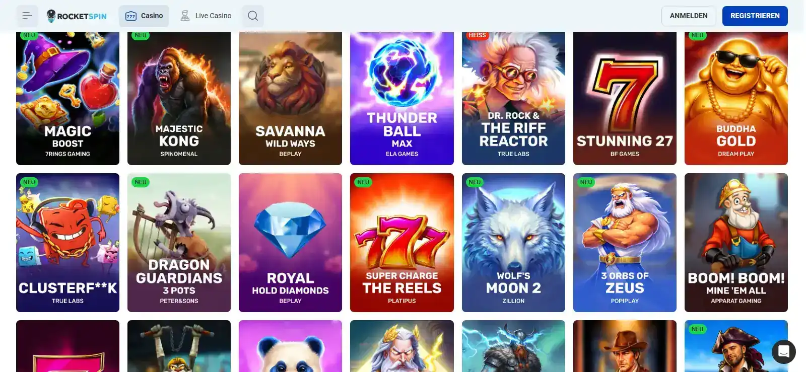 Deutsche Rocketspin-Slots-Lobby mit aktuellen Spielkacheln und Kategorien