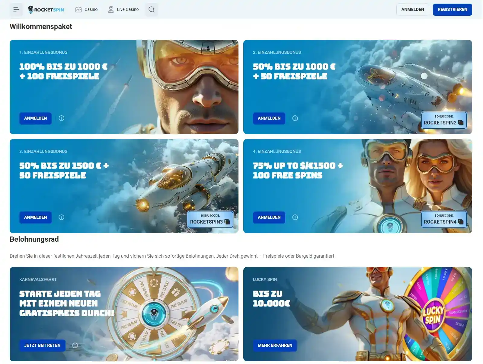 Aktuelles Rocketspin-Willkommenspaket auf der deutschen Promotionsseite