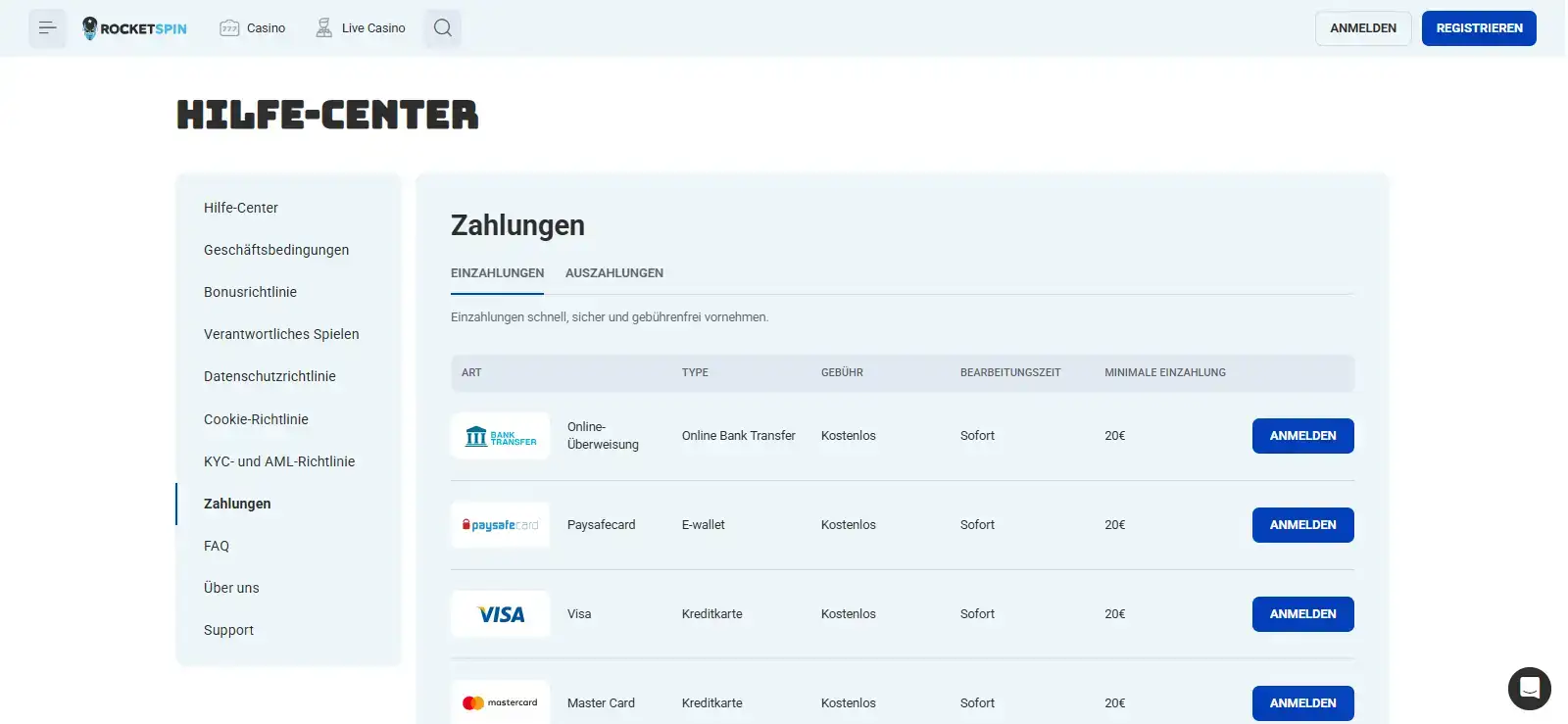 Aktuelle Tabelle mit Rocketspin Zahlungsmethoden für Einzahlungen und Auszahlungen