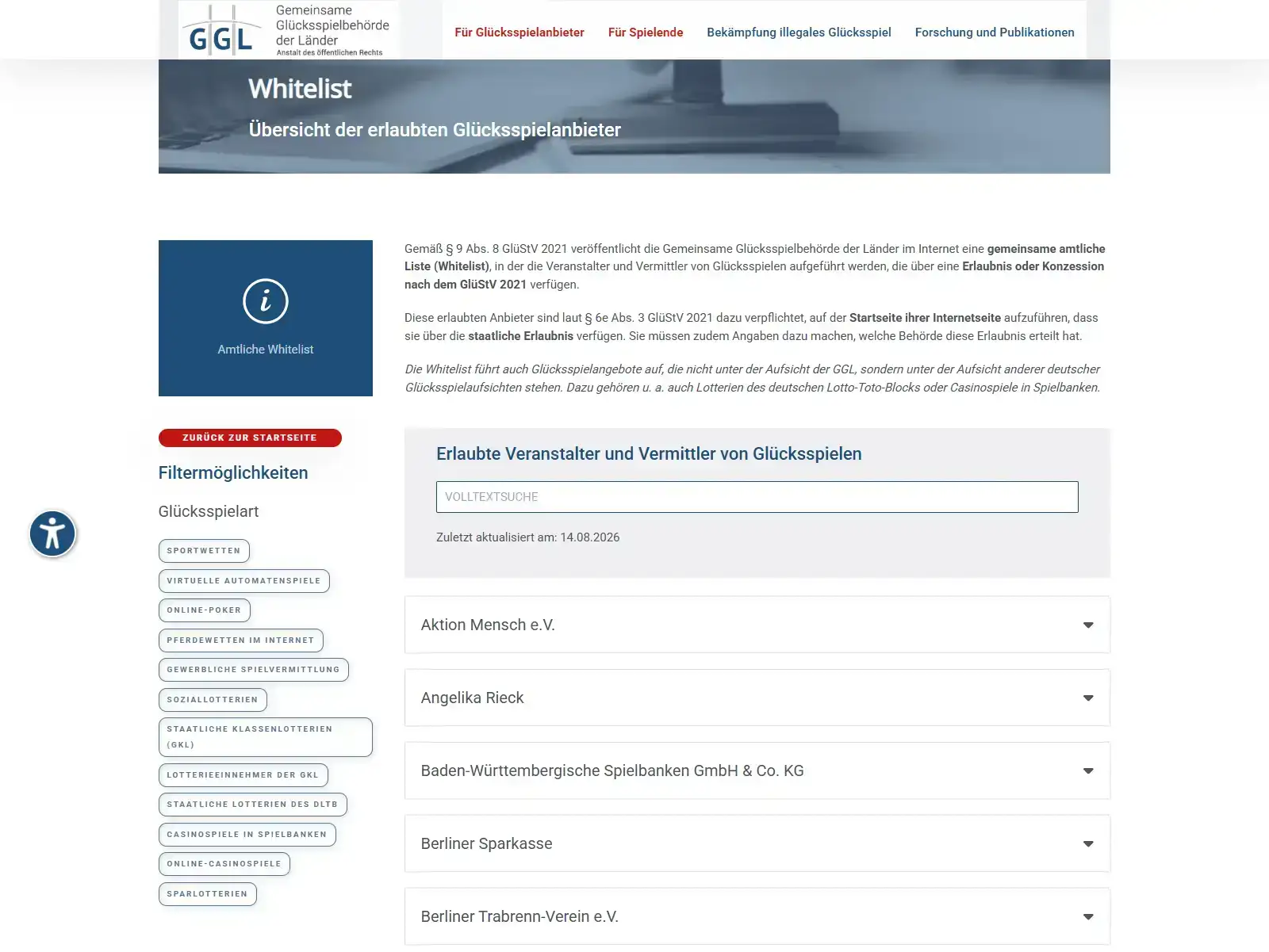 Offizielle GGL-Whitelist-Suche ohne Treffer für Rocketspin oder Metlait