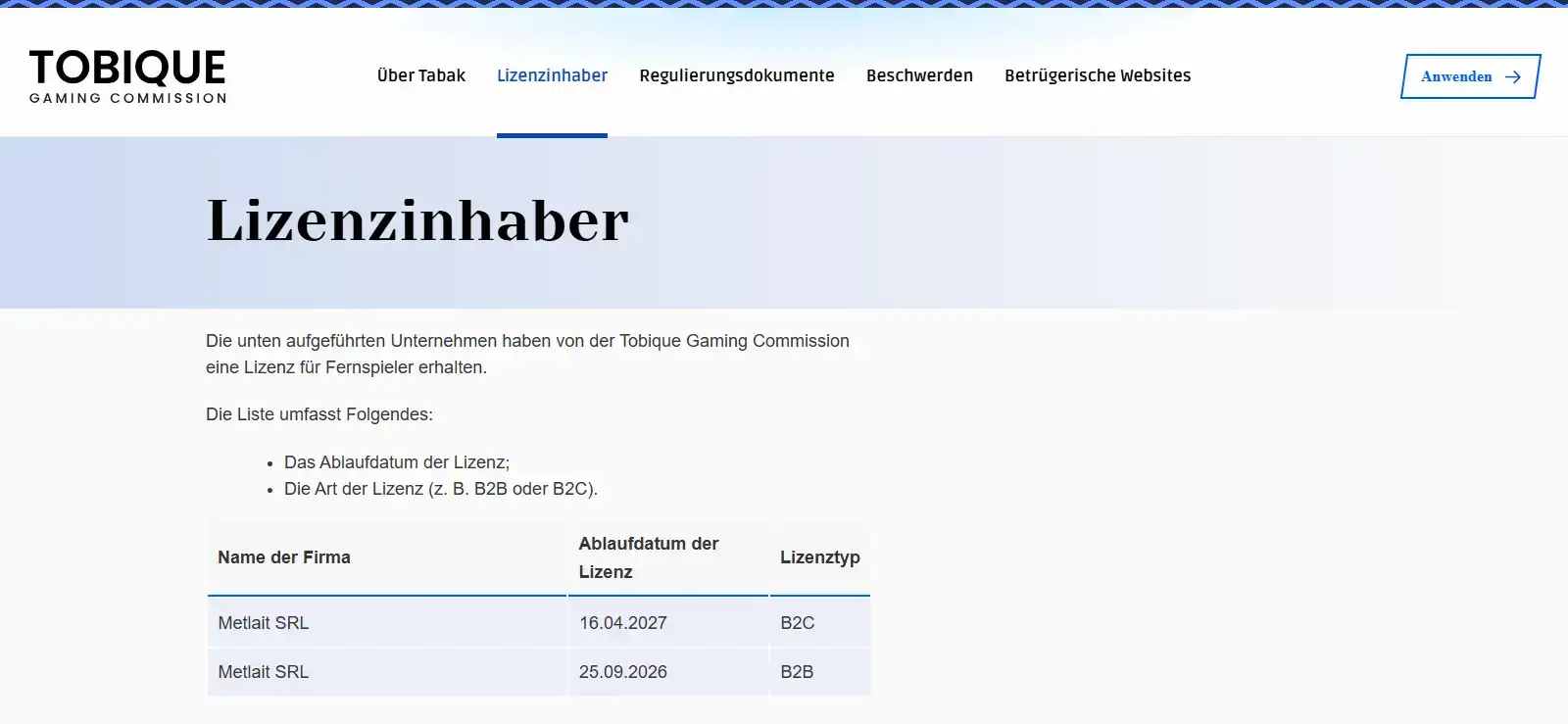 Tobique Gaming Commission Registereintrag für Metlait S.R.L als B2C-Lizenznehmer