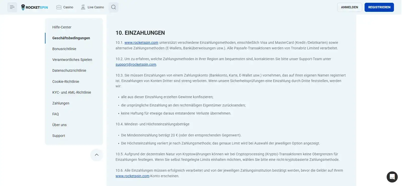 Rocketspin Einzahlungstabelle mit Methoden und Mindestbeträgen