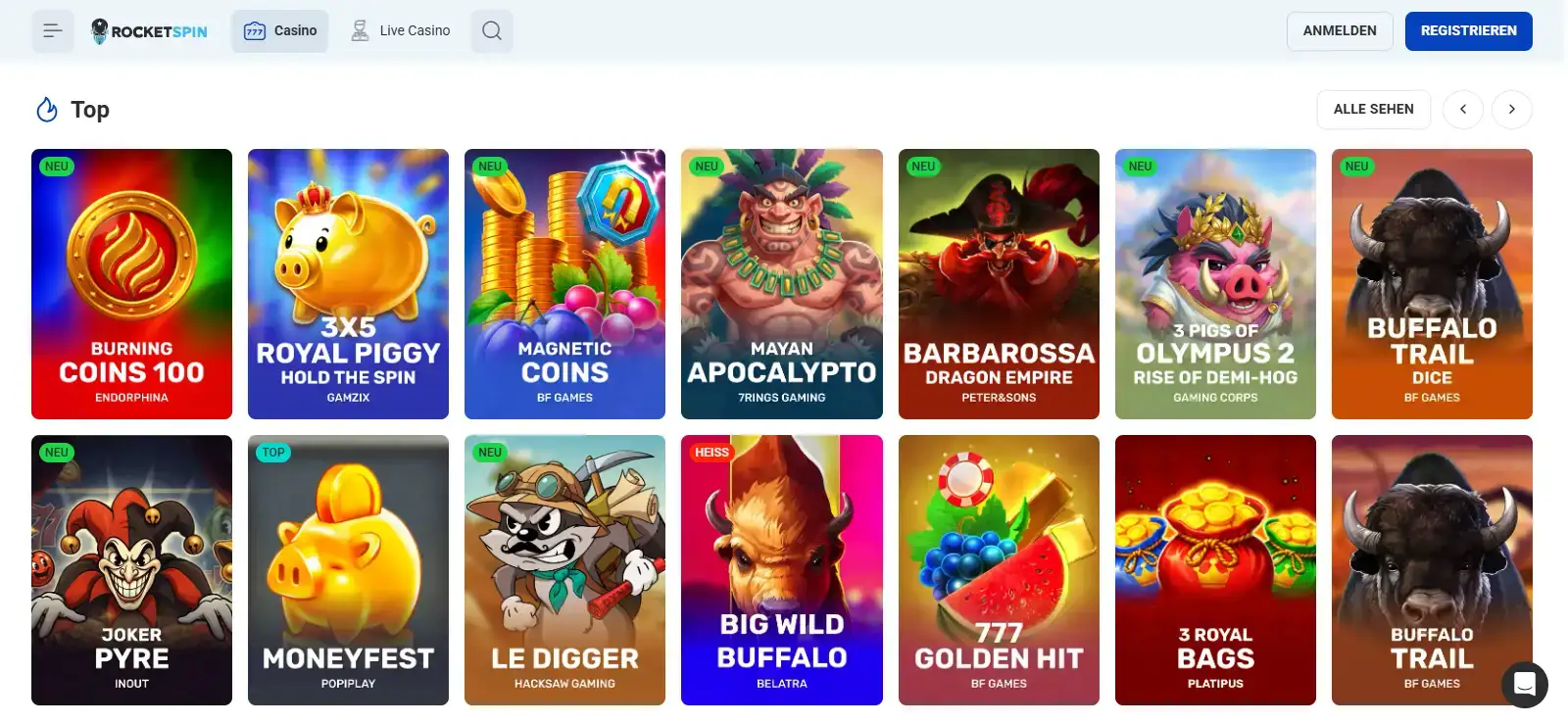 Aktuelle Rocketspin-Spielelobby mit Kategorien, Spielen und Anbieterfiltern