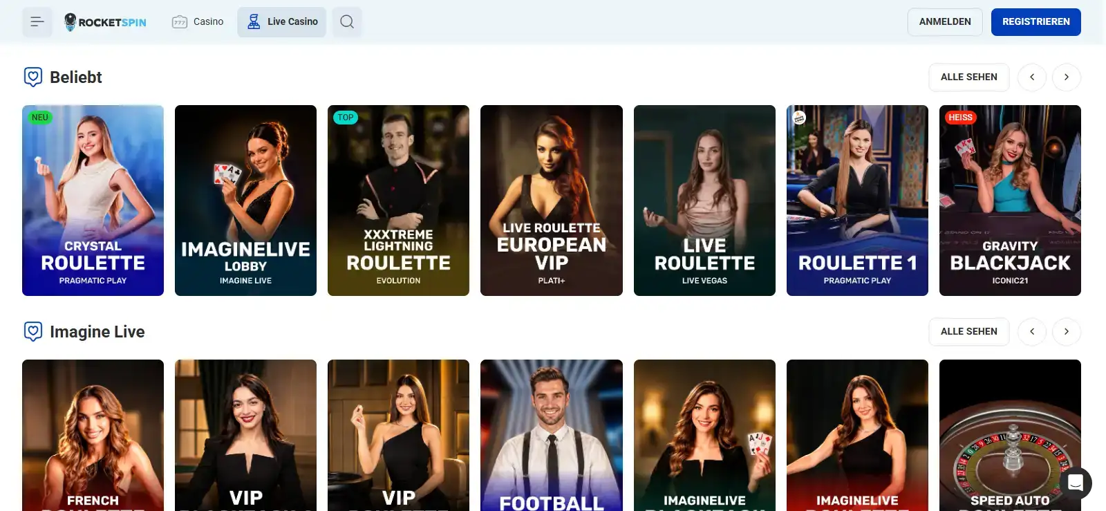 Aktueller Rocketspin-Live-Casino-Katalog mit Roulette- und Blackjack-Tischen