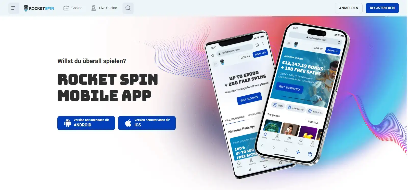 Rocketspin Installationsseite mit Schritten für Android und iPhone