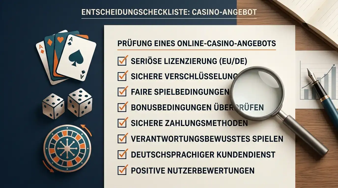 Checkliste mit Casino-Symbolen zu Angebot, Bedingungen, Zahlungen und Regulierung