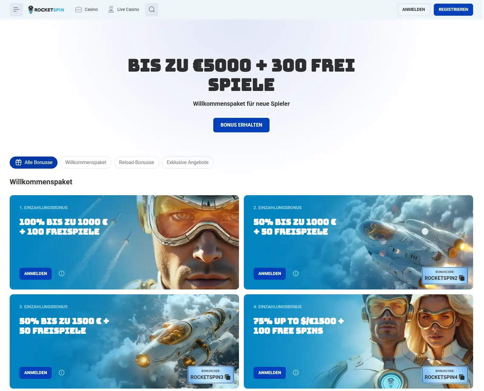Deutsche Rocketspin-Promotionsseite mit dem Willkommenspaket
